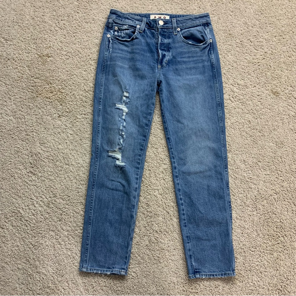 Womens Amo Denim Tomboy Crop In Air Distressed Tapered Button Fly Designer Jeans